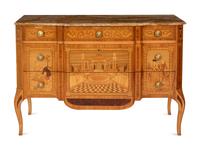 A Late Louis XV Transitional Style Marquetry Commode with Red Onyx Top