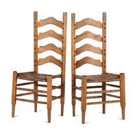 Chester Cornett (Kentucky, 1912-1981), Two Carved Ladder-Back Side Chairs