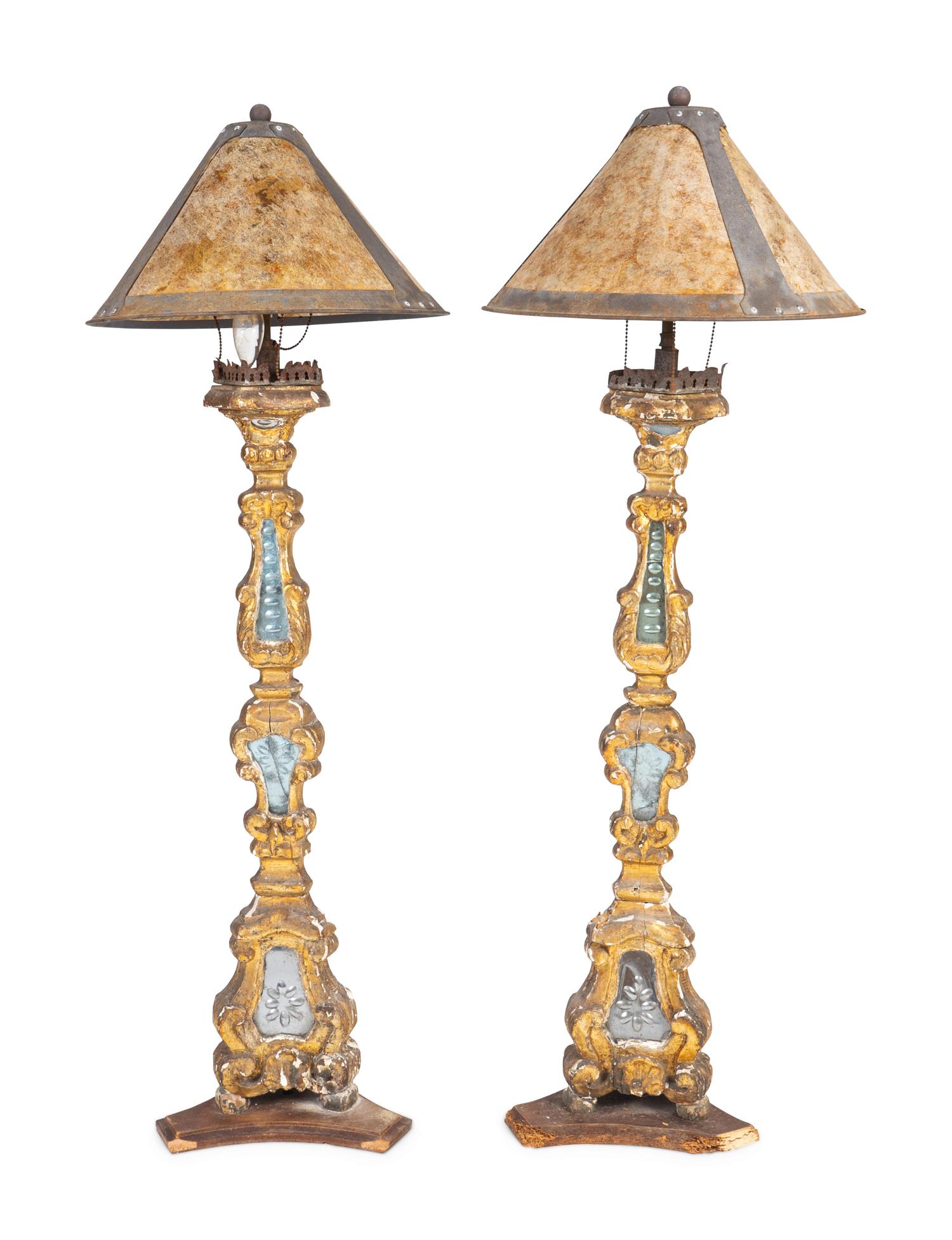 A Pair of Italian Renaissance Giltwood Pricket Sticks Mounted as Lamps