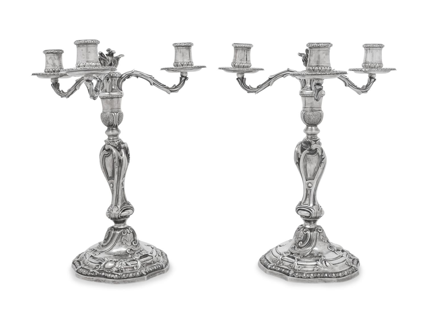 A Pair of Puiforcat Silver Three-Light Candelabra