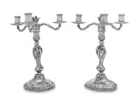 A Pair of Puiforcat Silver Three-Light Candelabra