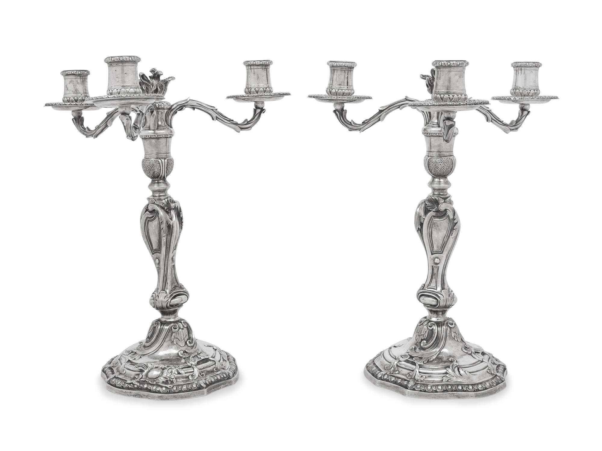 A Pair of Puiforcat Silver Three-Light Candelabra