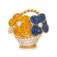 CRAIG DRAKE, SAPPHIRE, YELLOW SAPPHIRE AND DIAMOND FLOWER BASKET BROOCH