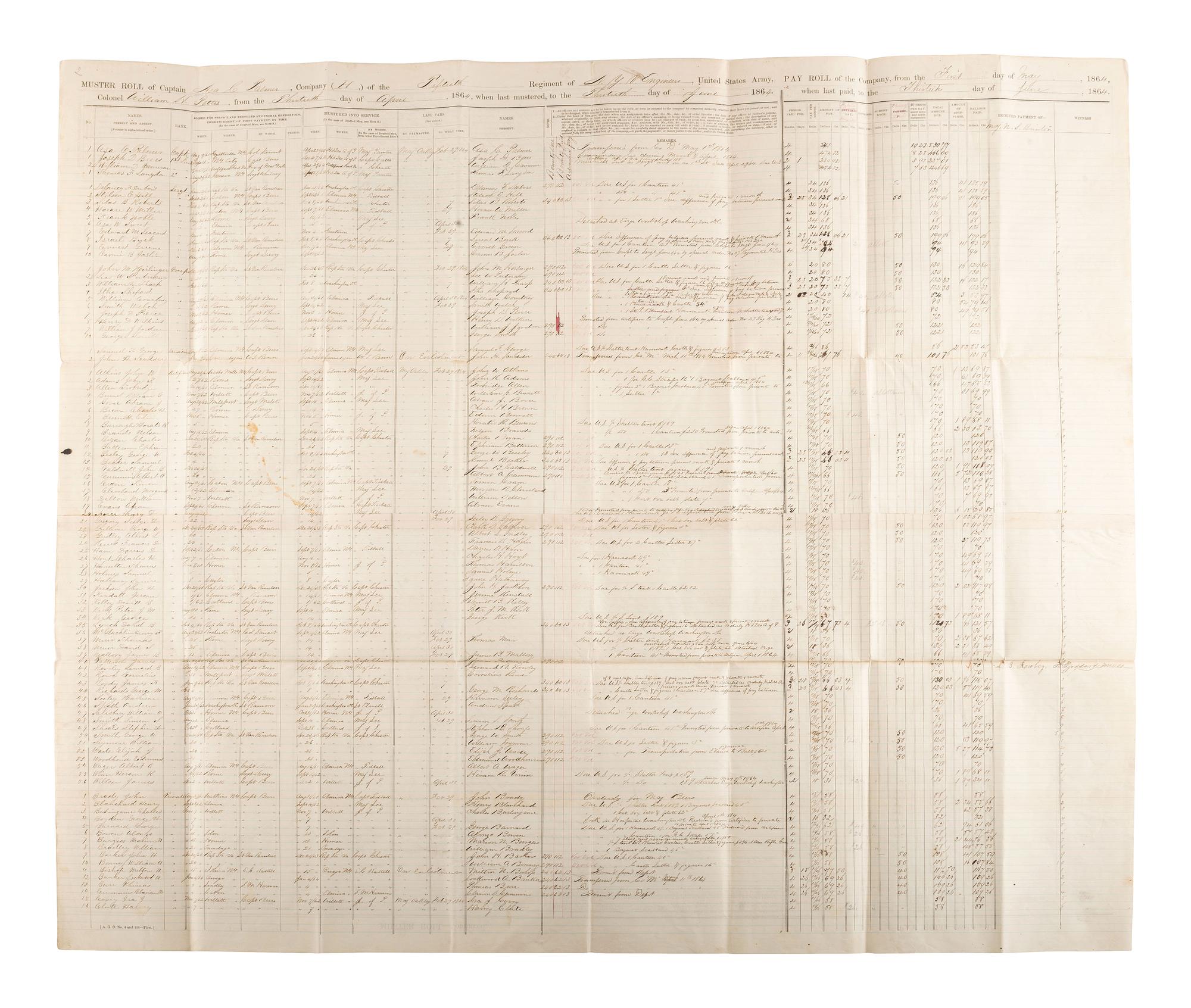[CIVIL WAR]. A group of 3 Union muster rolls representing the 50th New York Engineers, 10th New York Infantry, and 39th Massachusetts Volunteer Infantry.