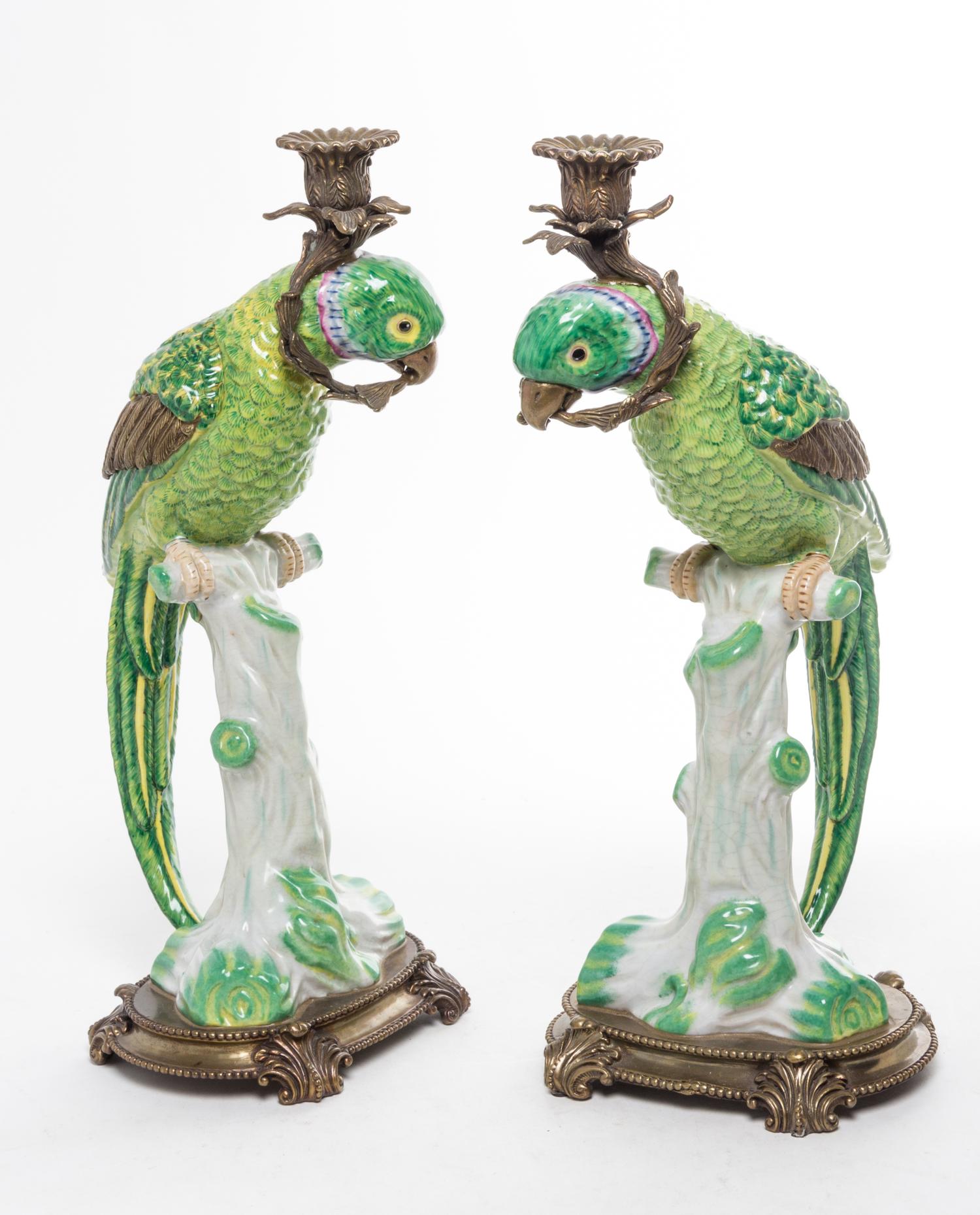 A Pair of Gilt Metal Mounted Porcelain Candlesticks Height 17 inches. — 20TH CENTURY