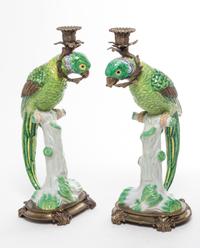 A Pair of Gilt Metal Mounted Porcelain Candlesticks Height 17 inches. — 20TH CENTURY