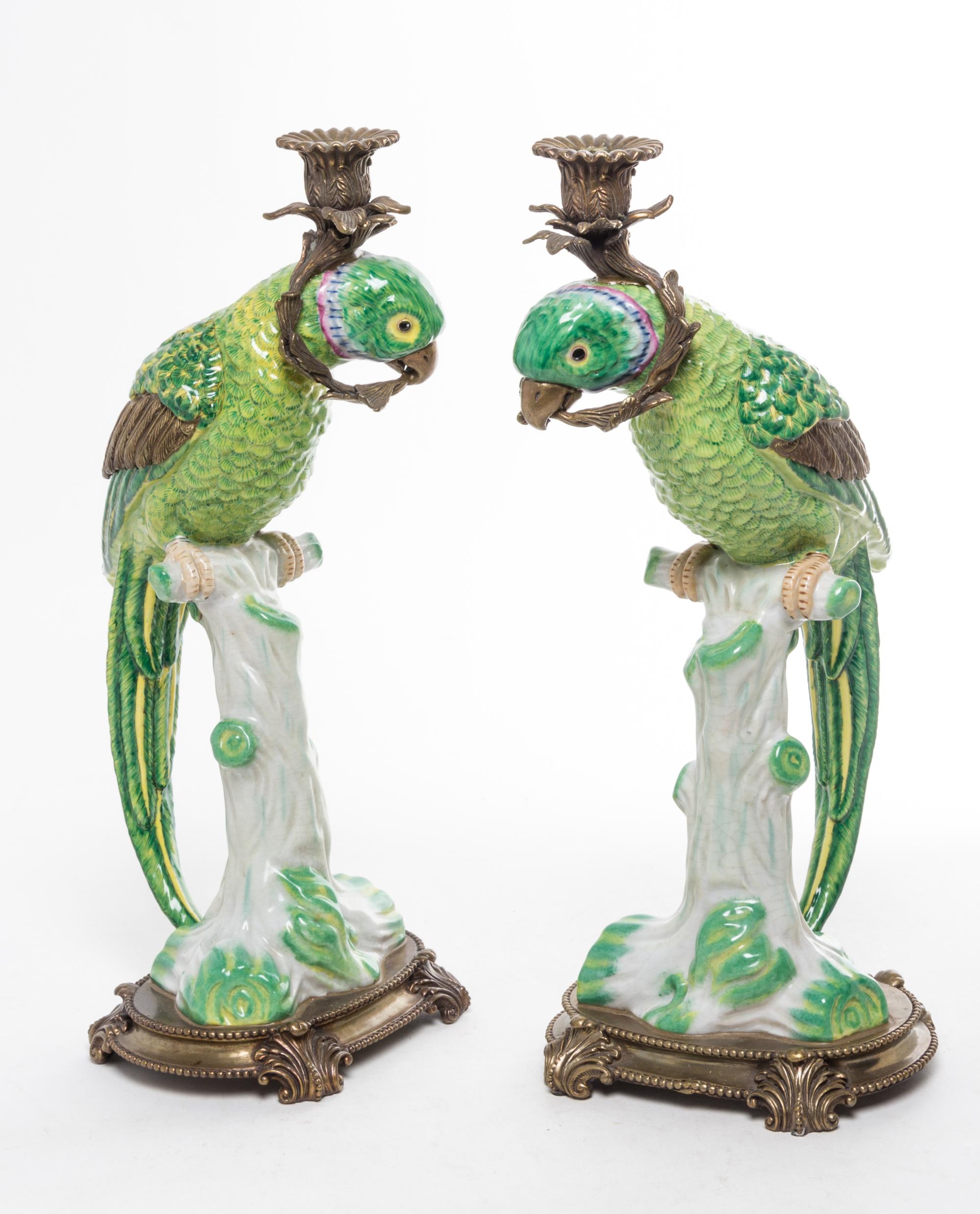 A Pair of Gilt Metal Mounted Porcelain Candlesticks Height 17 inches. — 20TH CENTURY