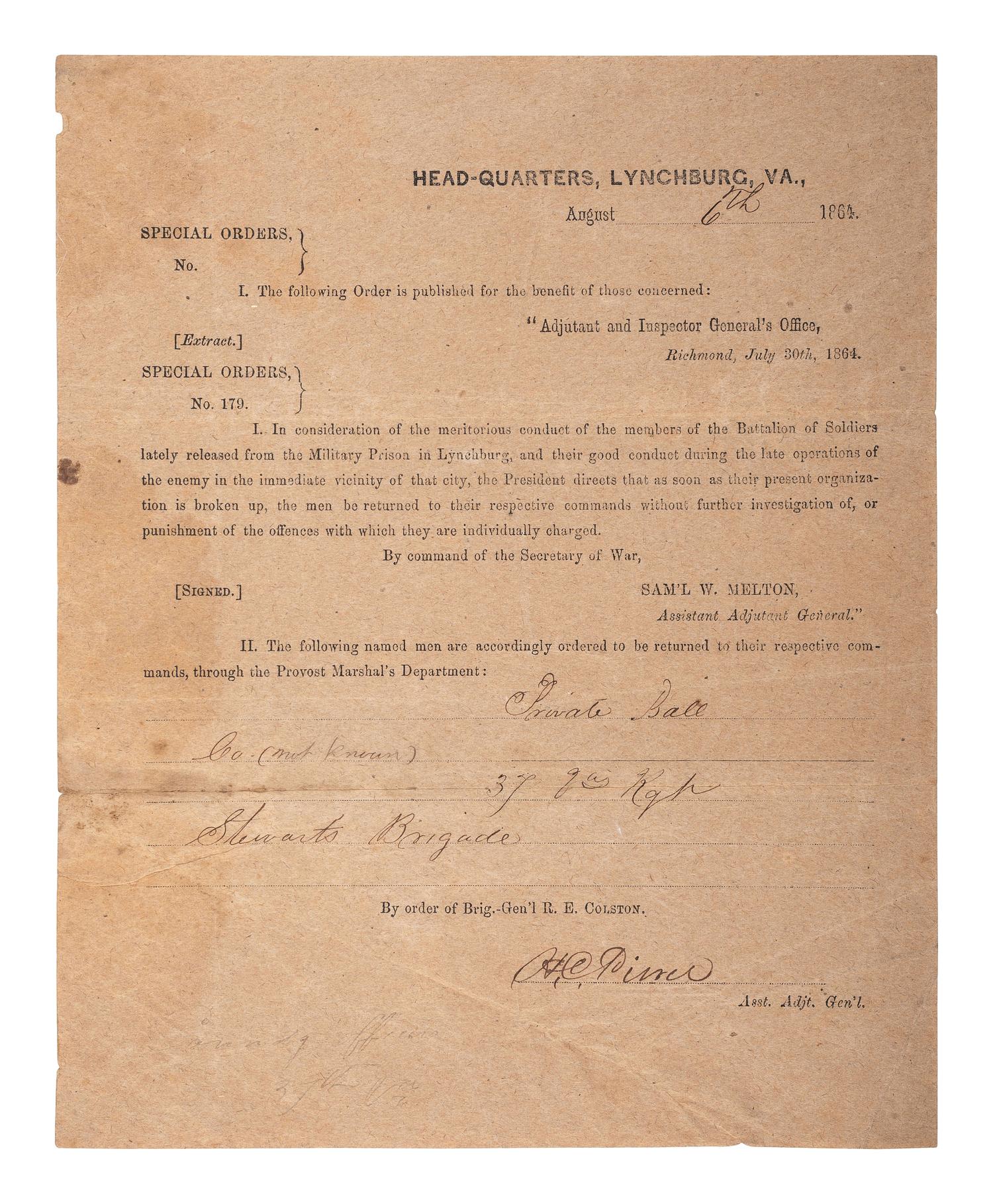 [CIVIL WAR]. Special Orders No. 179. Lynchburg, VA. 6 August 1864. Co. G, 37th Virginia Infantry