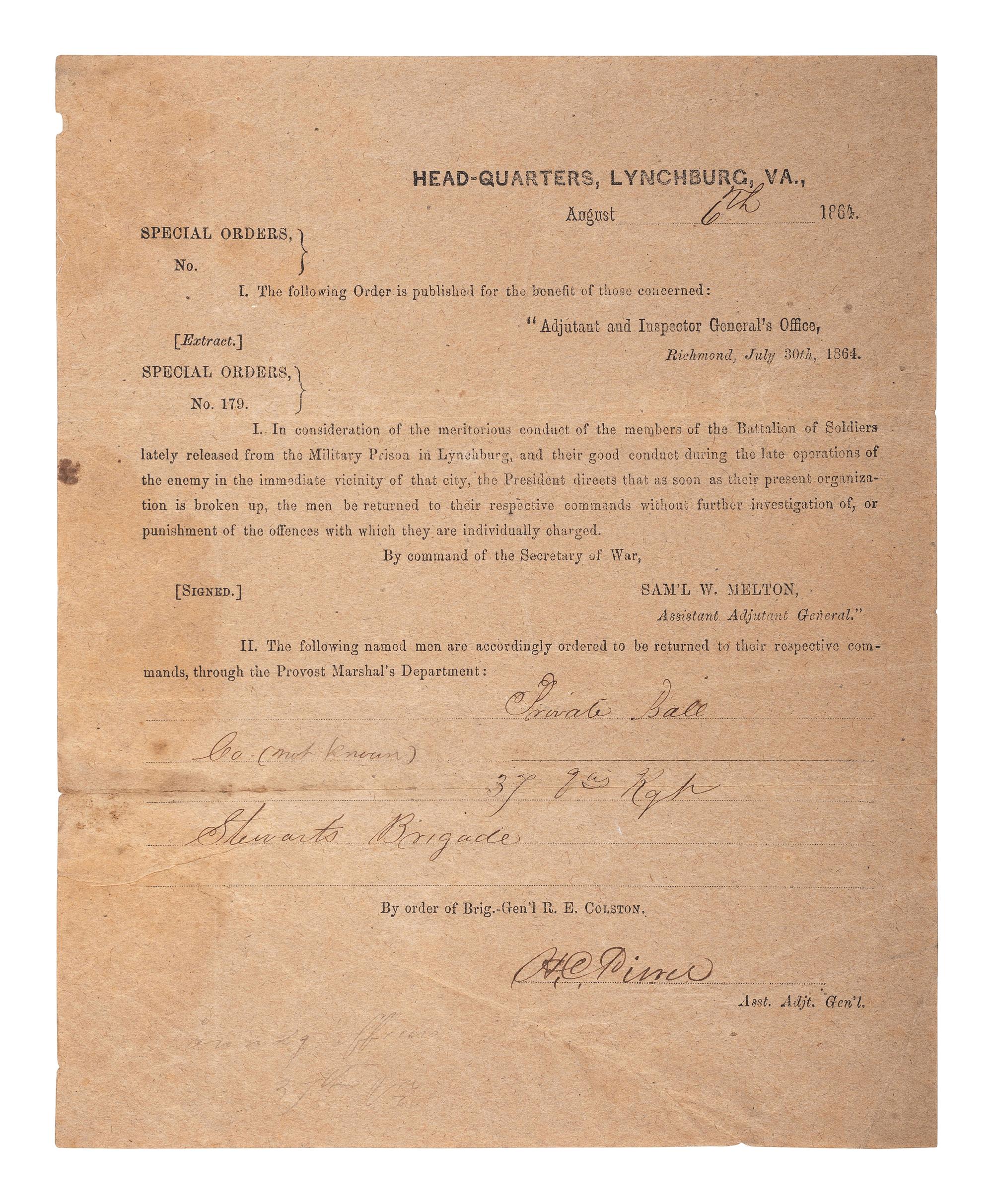 [CIVIL WAR]. Special Orders No. 179. Lynchburg, VA. 6 August 1864. Co. G, 37th Virginia Infantry