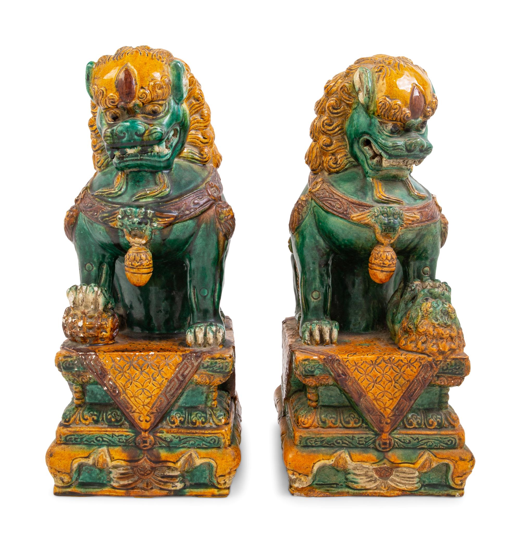 A Pair of Large Sancai Glazed Temple Guardians