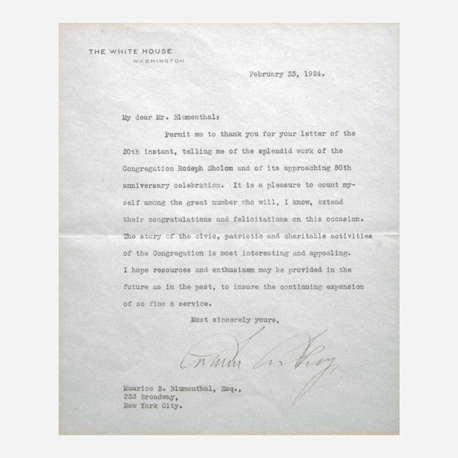 [Presidential] Taft, William H, and Woodrow Wilson and Calvin Coolidge and Herbert Hoover Group of 4 Typed Letters, signed