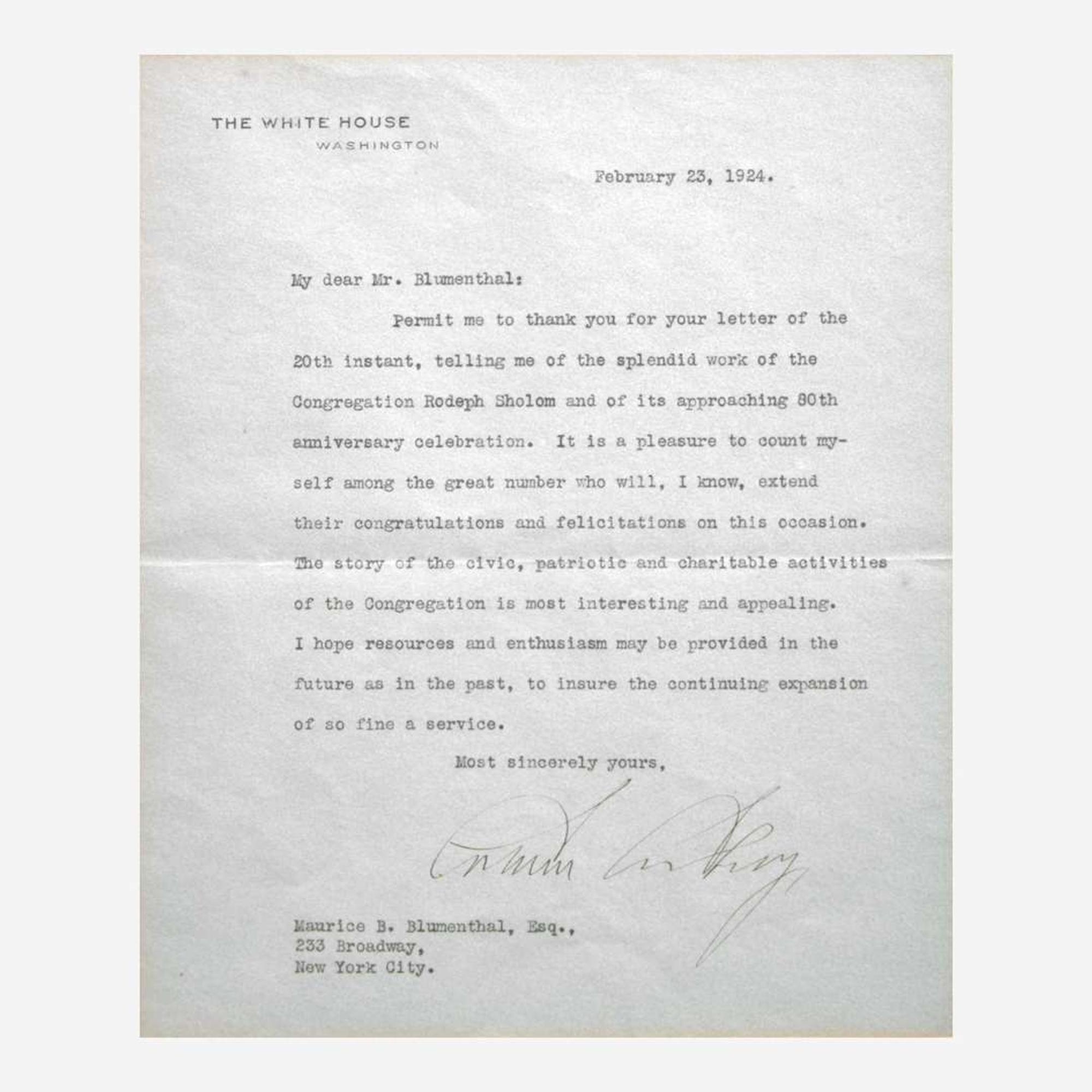 [Presidential] Taft, William H, and Woodrow Wilson and Calvin Coolidge and Herbert Hoover Group of 4 Typed Letters, signed