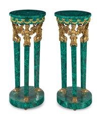 A Pair of Empire Style Gilt Metal Mounted Malachite Veneered Pedestals