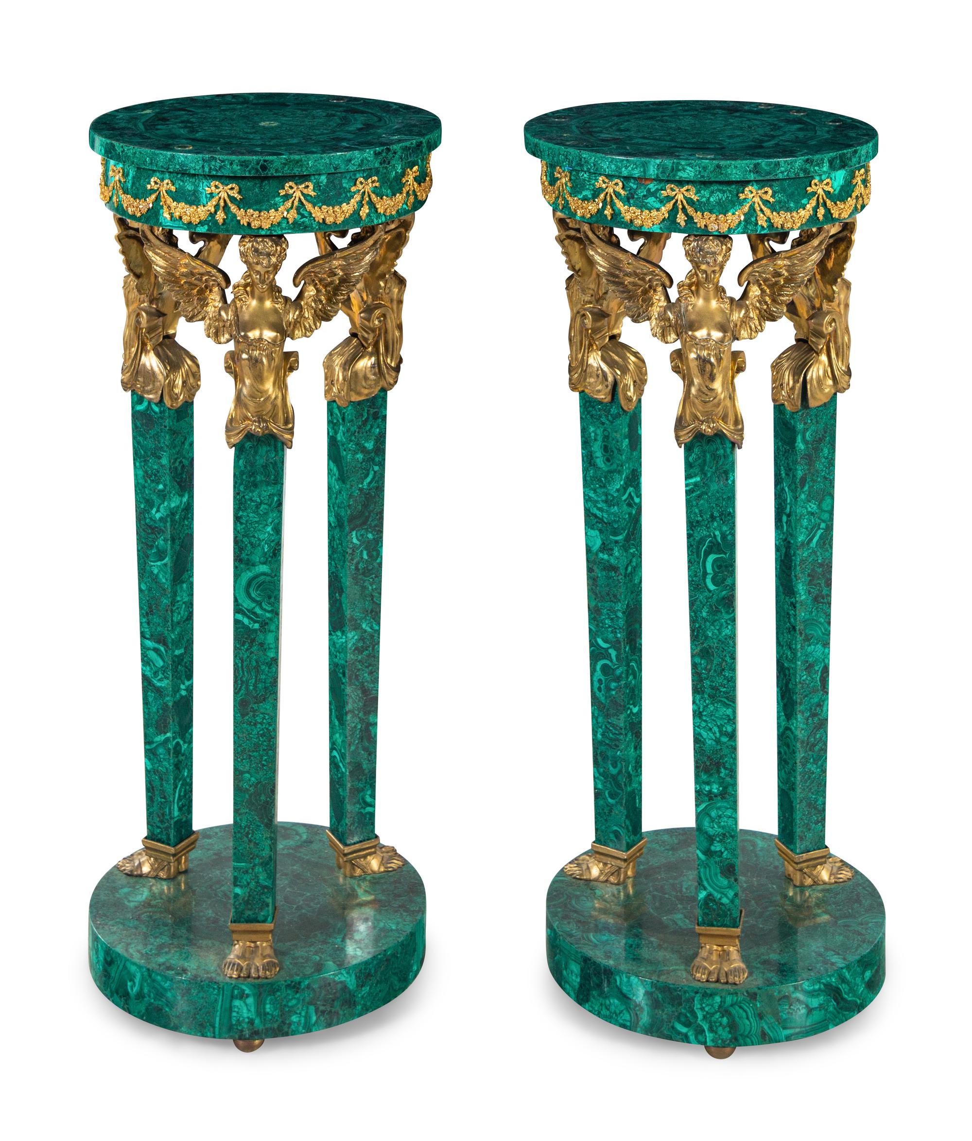 A Pair of Empire Style Gilt Metal Mounted Malachite Veneered Pedestals