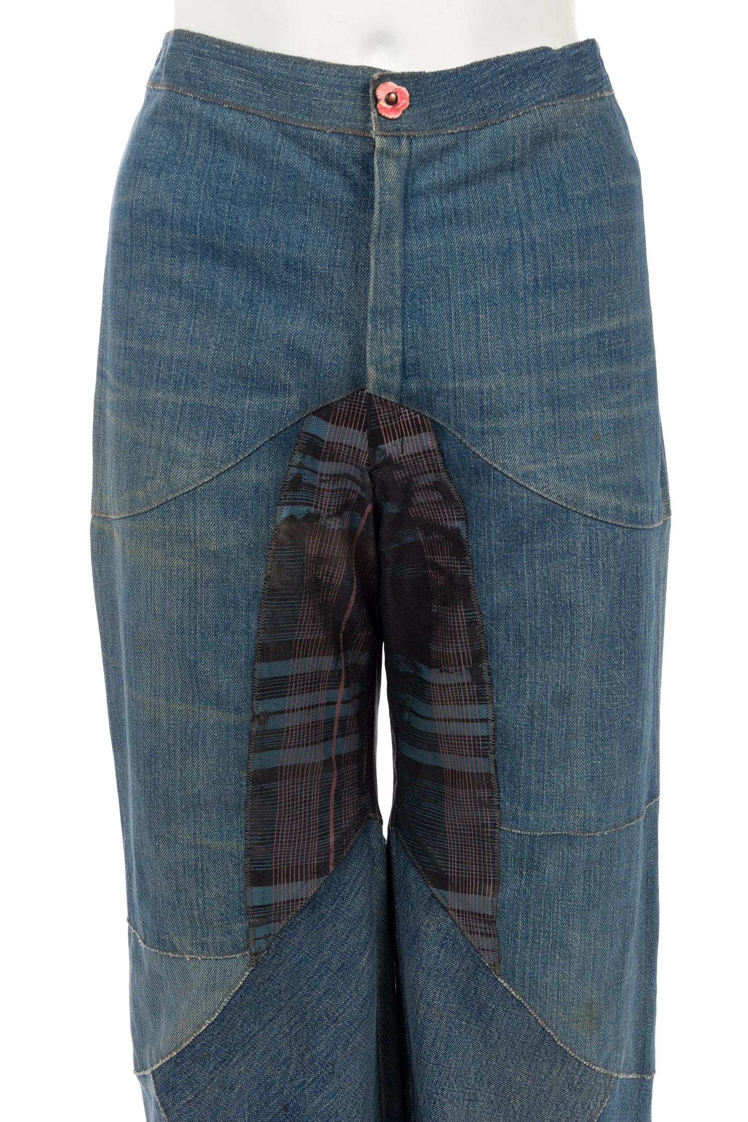 One Saint Laurent Rive Gauche Black Crepe Top and One Pair of Unlabeled Bell Bottom Denim Jeans, 1970s