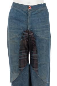 One Saint Laurent Rive Gauche Black Crepe Top and One Pair of Unlabeled Bell Bottom Denim Jeans, 1970s