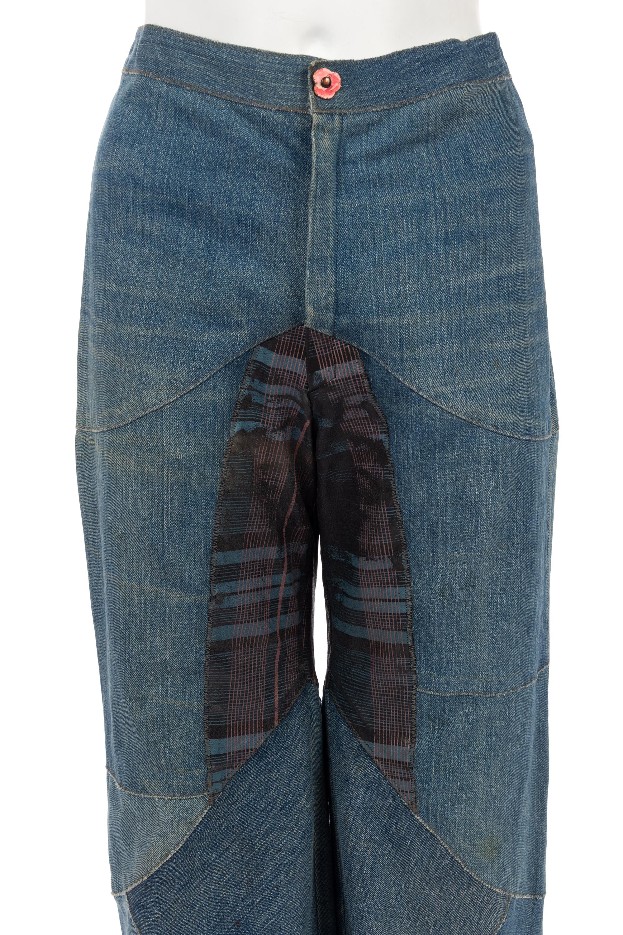 One Saint Laurent Rive Gauche Black Crepe Top and One Pair of Unlabeled Bell Bottom Denim Jeans, 1970s