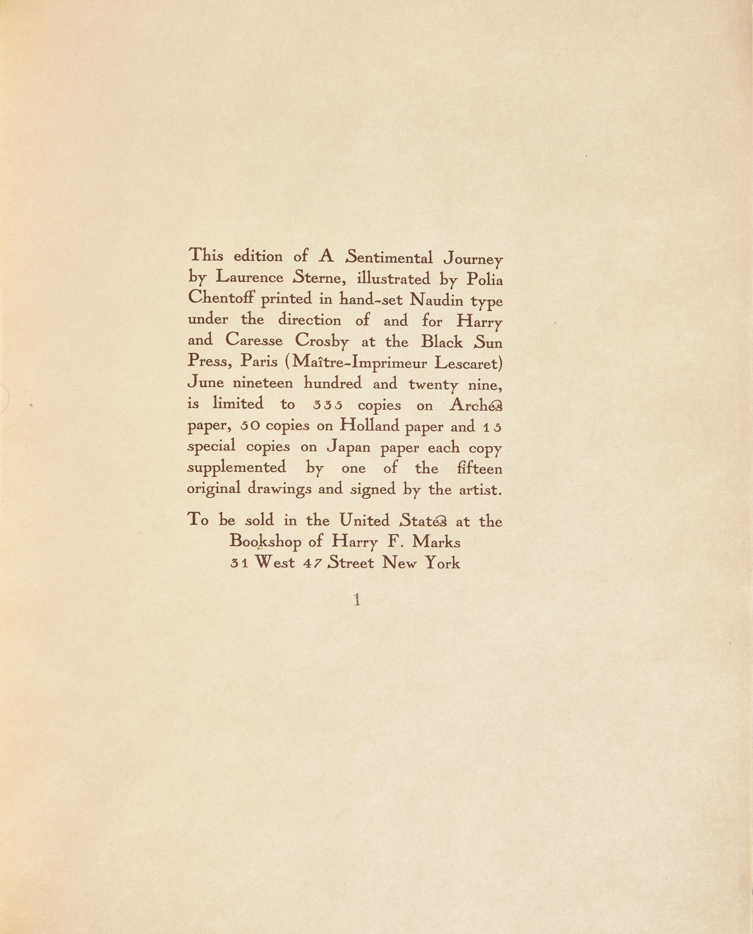 [Black Sun Press] Sterne, Laurence. A Sentimental Journey Through France and Italy