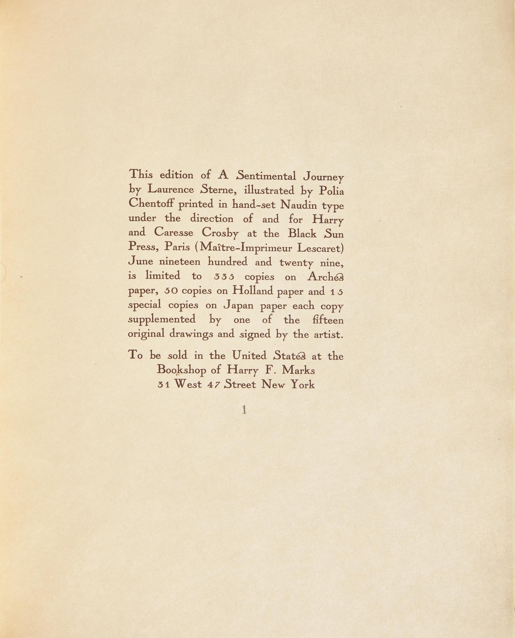 [Black Sun Press] Sterne, Laurence. A Sentimental Journey Through France and Italy