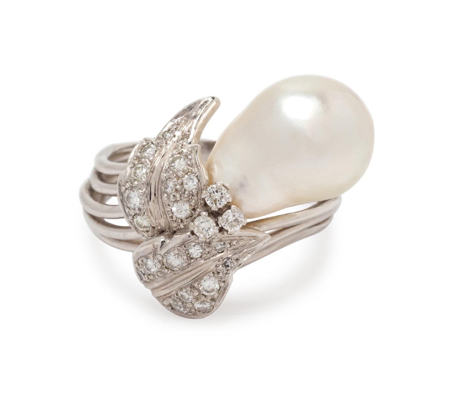 CULTURED BAROQUE PEARL AND DIAMOND RING