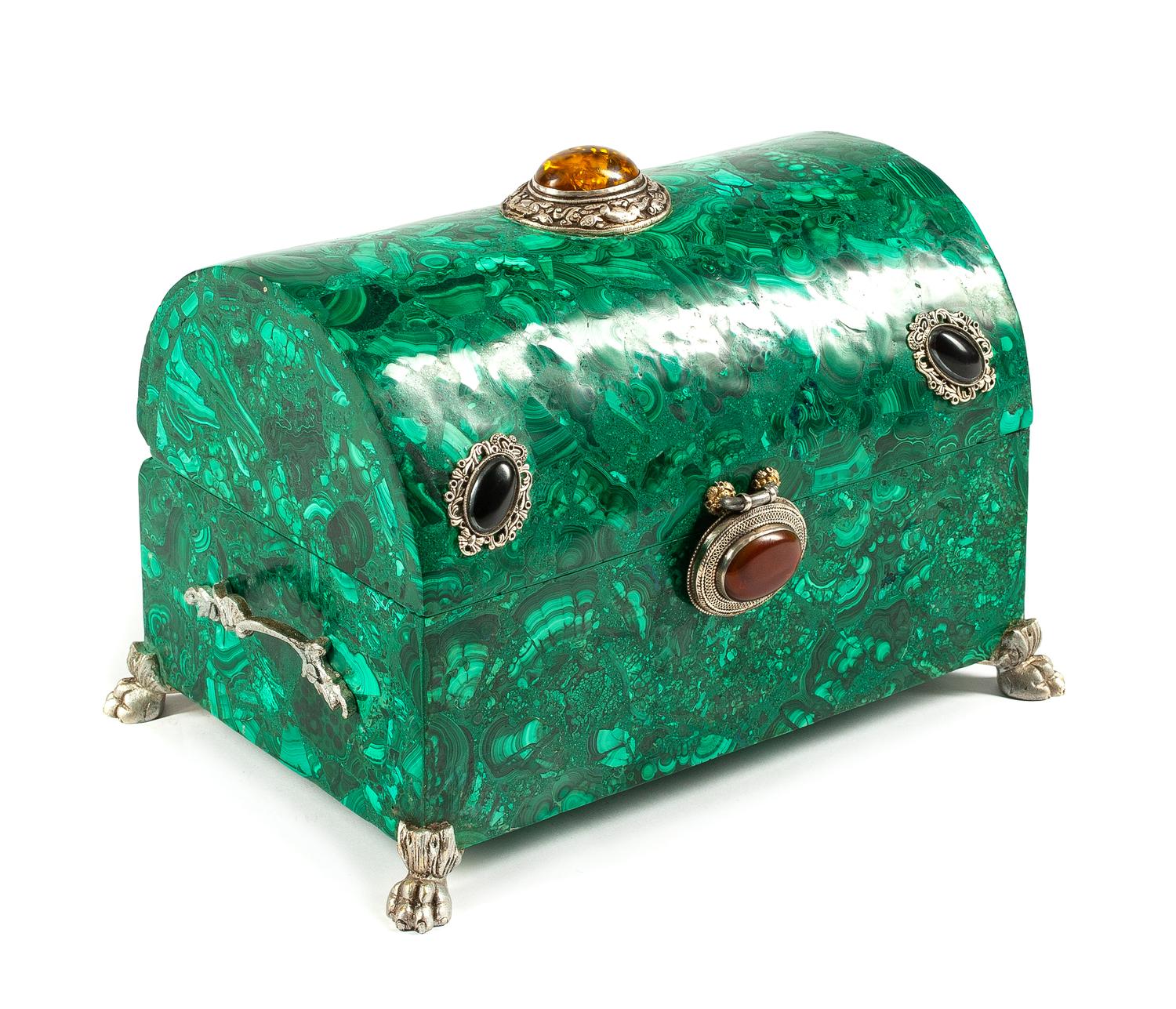 A Russian Jeweled Malachite Table Casket Width 13 1/4 inches.
