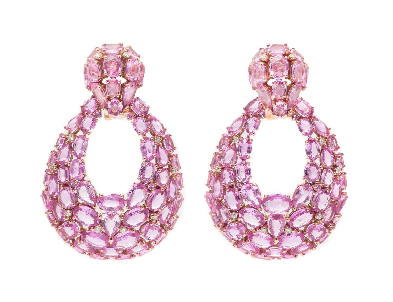 A Pair of 18 Karat Rose Gold, Pink Sapphire and Diamond Doorknocker Earclips, 13.90 dwts.