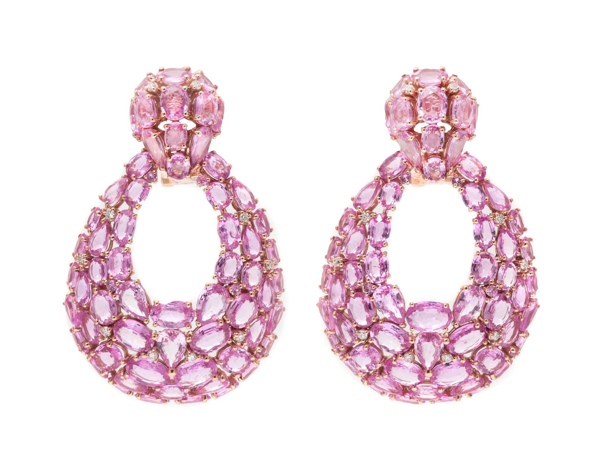 A Pair of 18 Karat Rose Gold, Pink Sapphire and Diamond Doorknocker Earclips, 13.90 dwts.