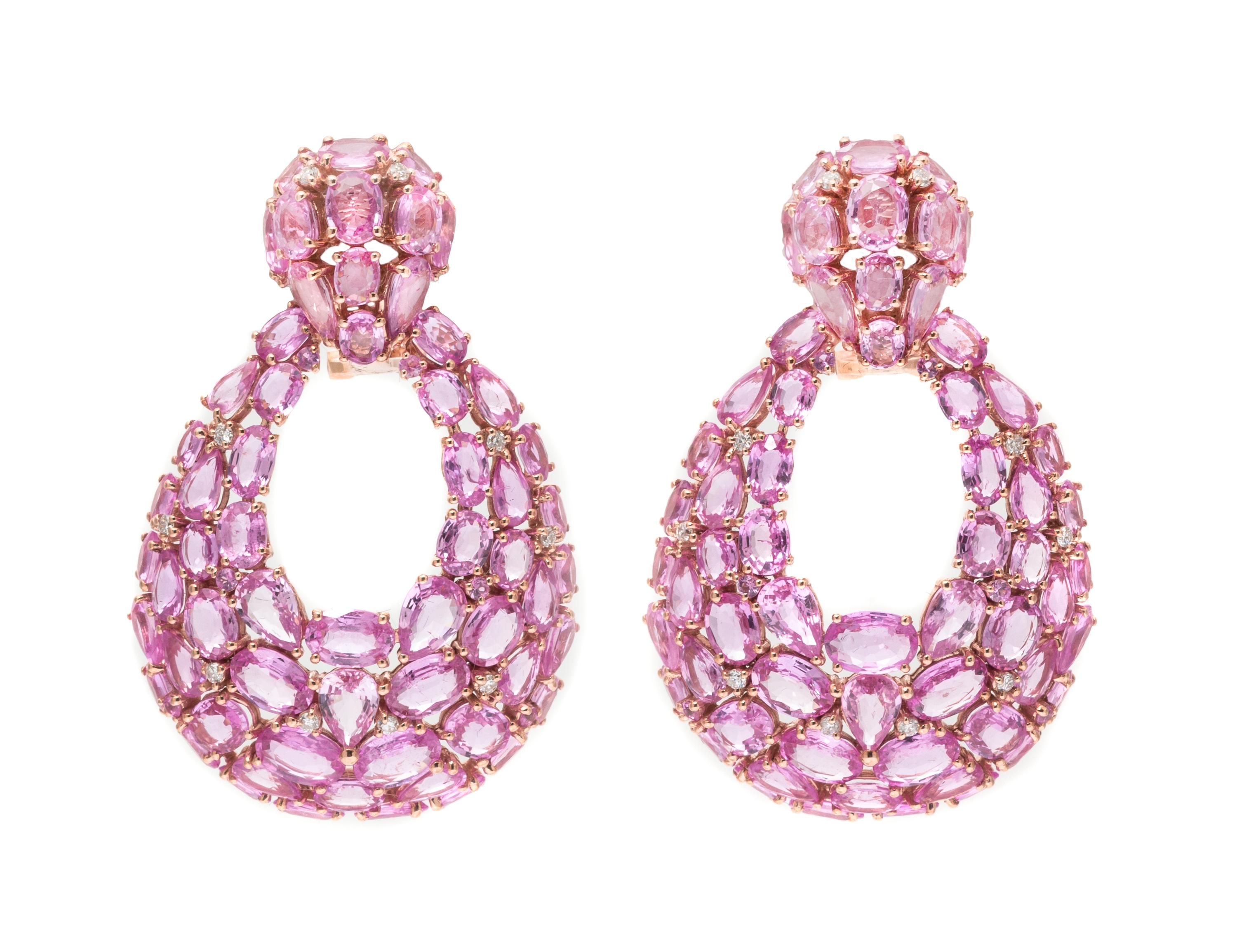 A Pair of 18 Karat Rose Gold, Pink Sapphire and Diamond Doorknocker Earclips, 13.90 dwts.