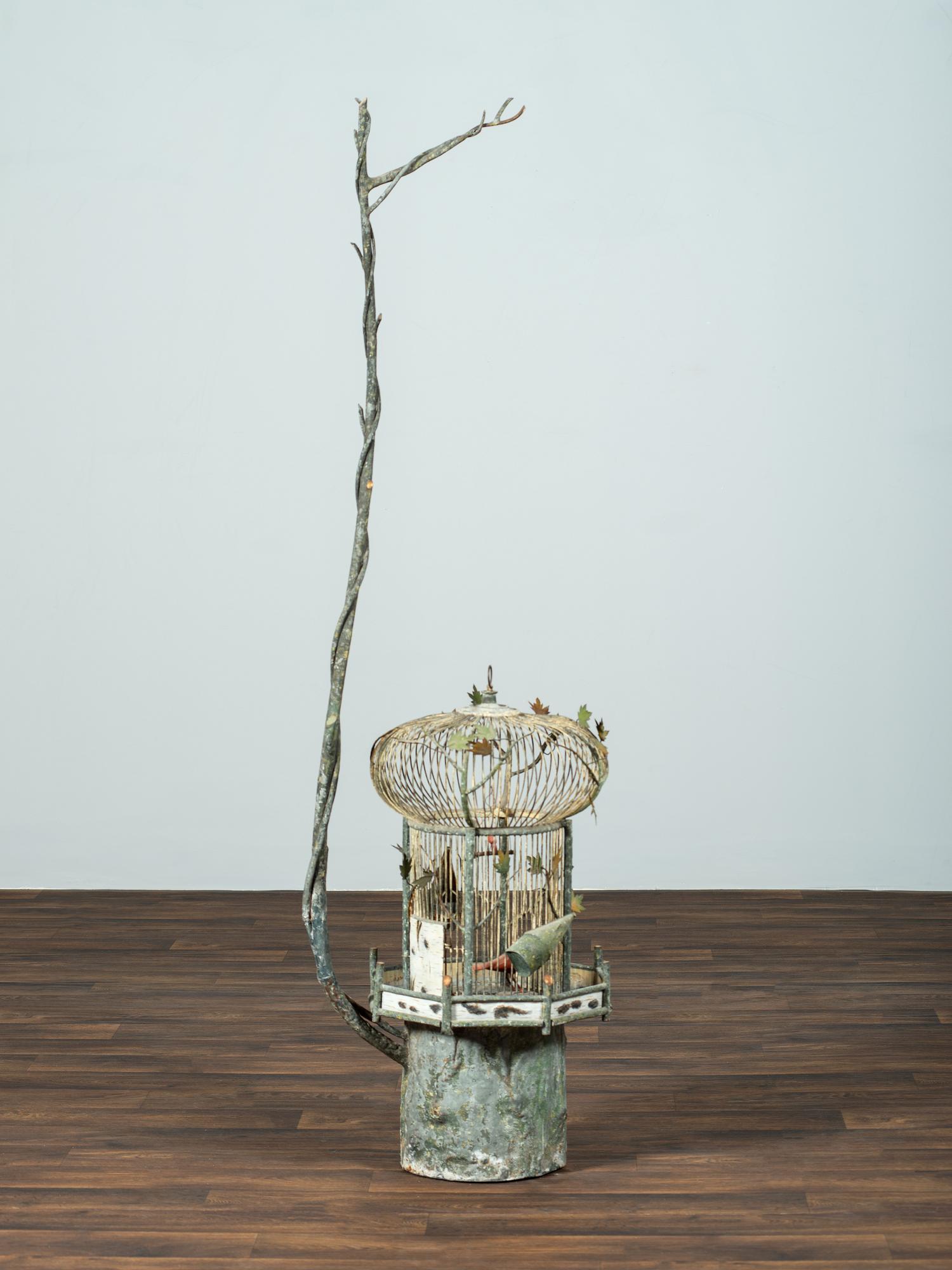 A Folk Art Painted Metal Bird Cage on Stand
