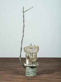 A Folk Art Painted Metal Bird Cage on Stand
