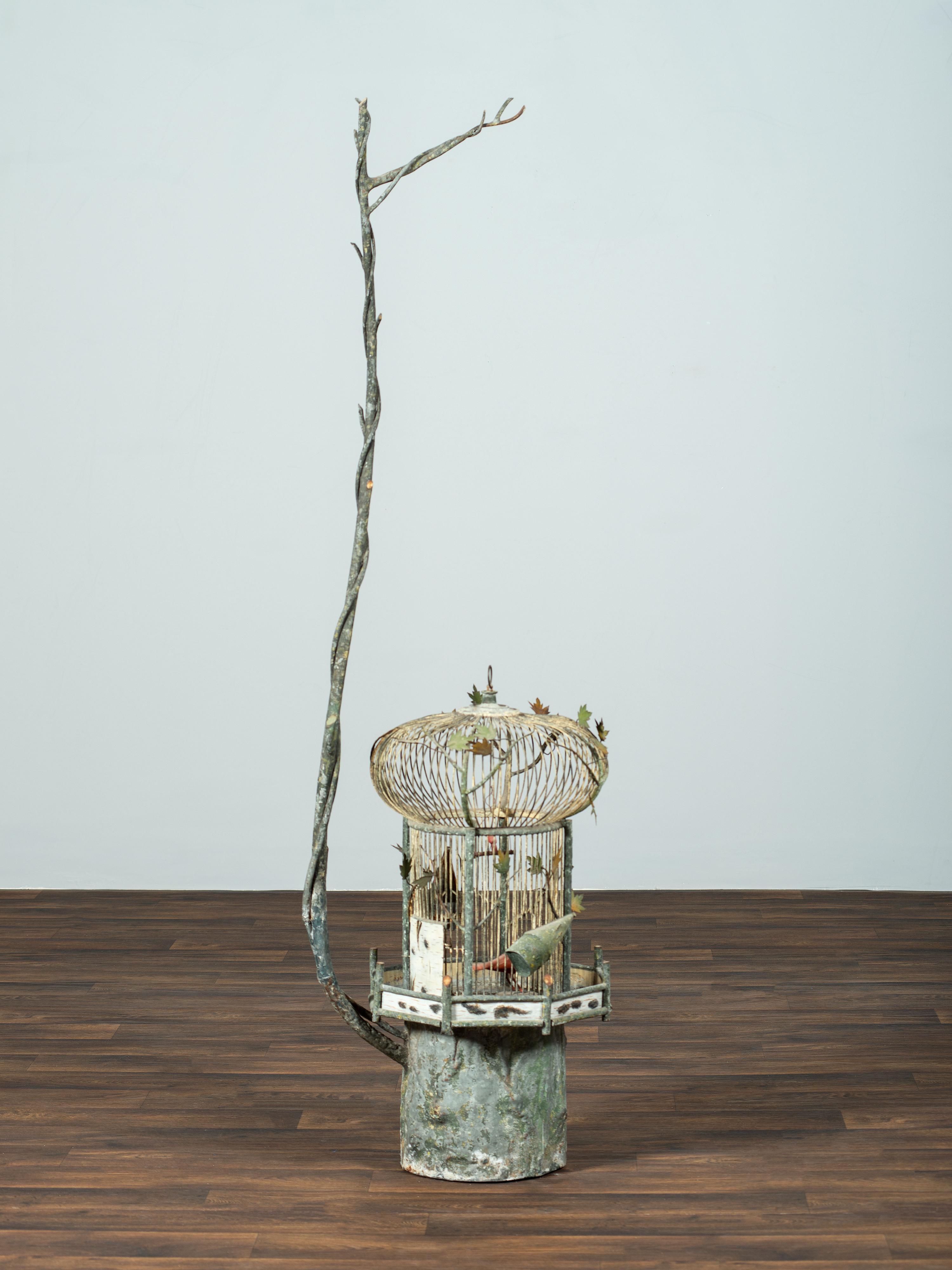 A Folk Art Painted Metal Bird Cage on Stand