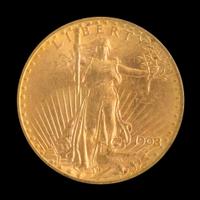 A United States 1908-D Saint-Gaudens: No Motto $20 Gold Coin