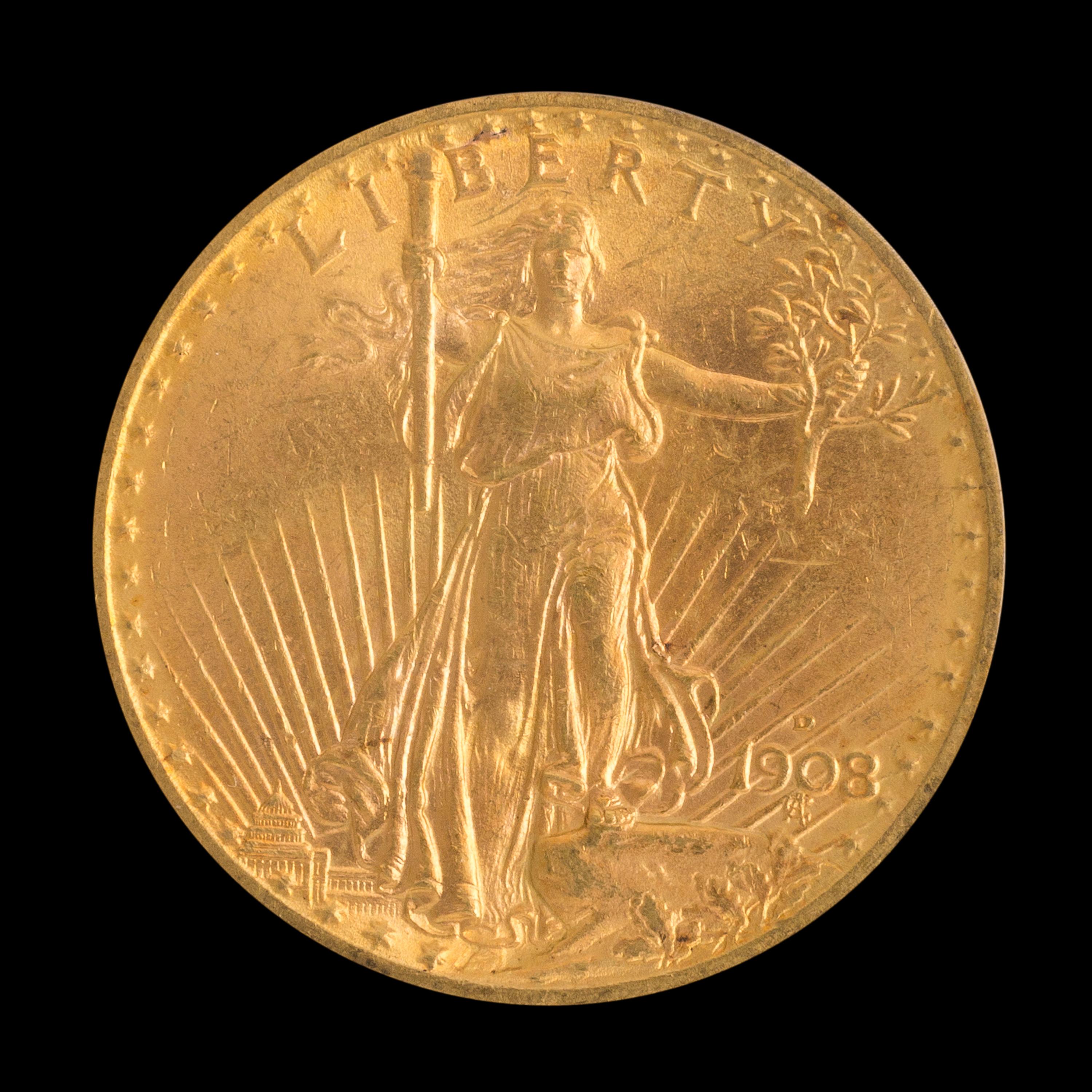 A United States 1908-D Saint-Gaudens: No Motto $20 Gold Coin