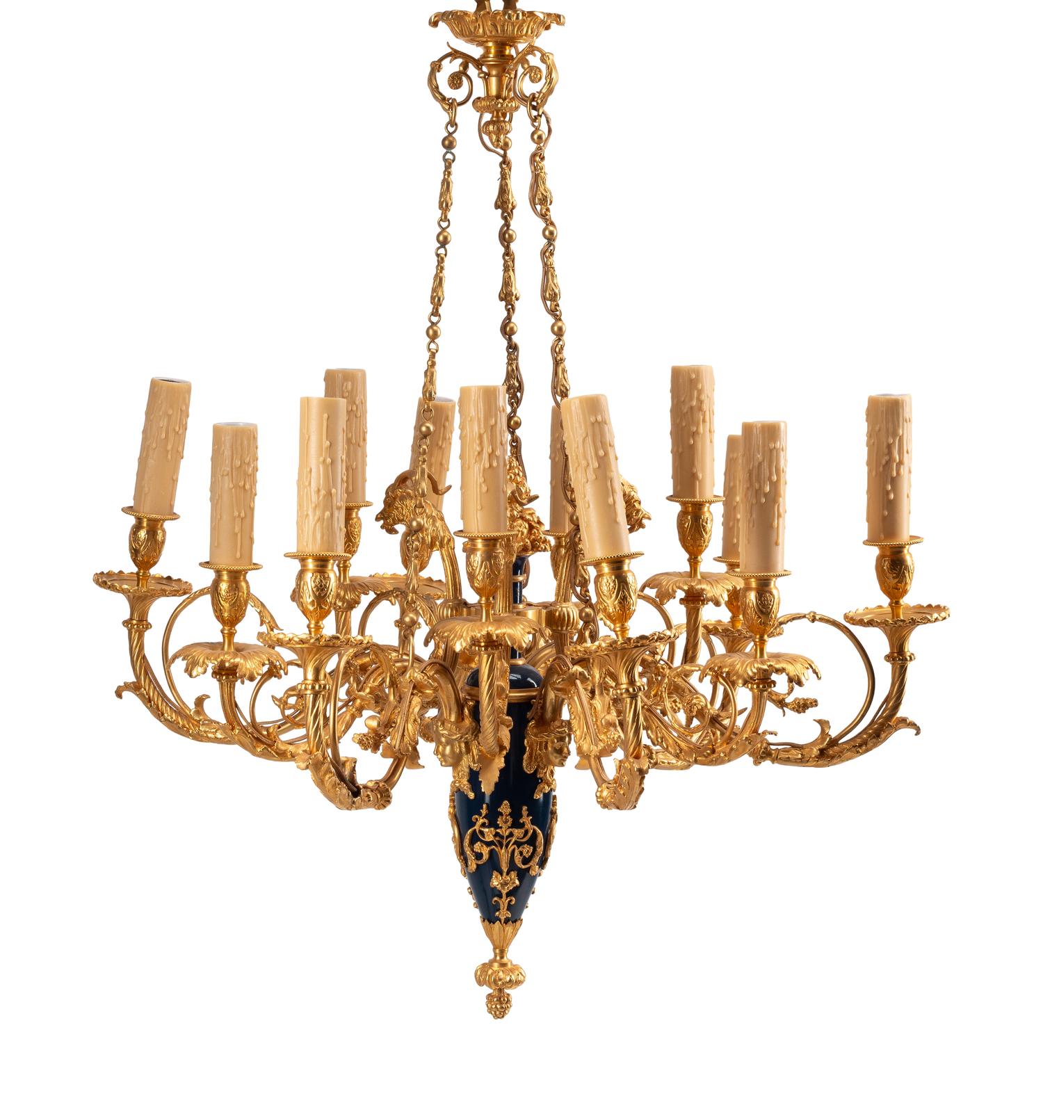 A French Neoclassical Gilt and Patinated Bronze Twelve-Light Chandelier