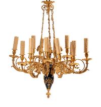 A French Neoclassical Gilt and Patinated Bronze Twelve-Light Chandelier