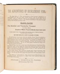 CLEMENS, Samuel Langhorne (“Mark Twain”) (1835-1910). The Adventures of Huckleberry Finn. New York: Charles Webster, 1885.