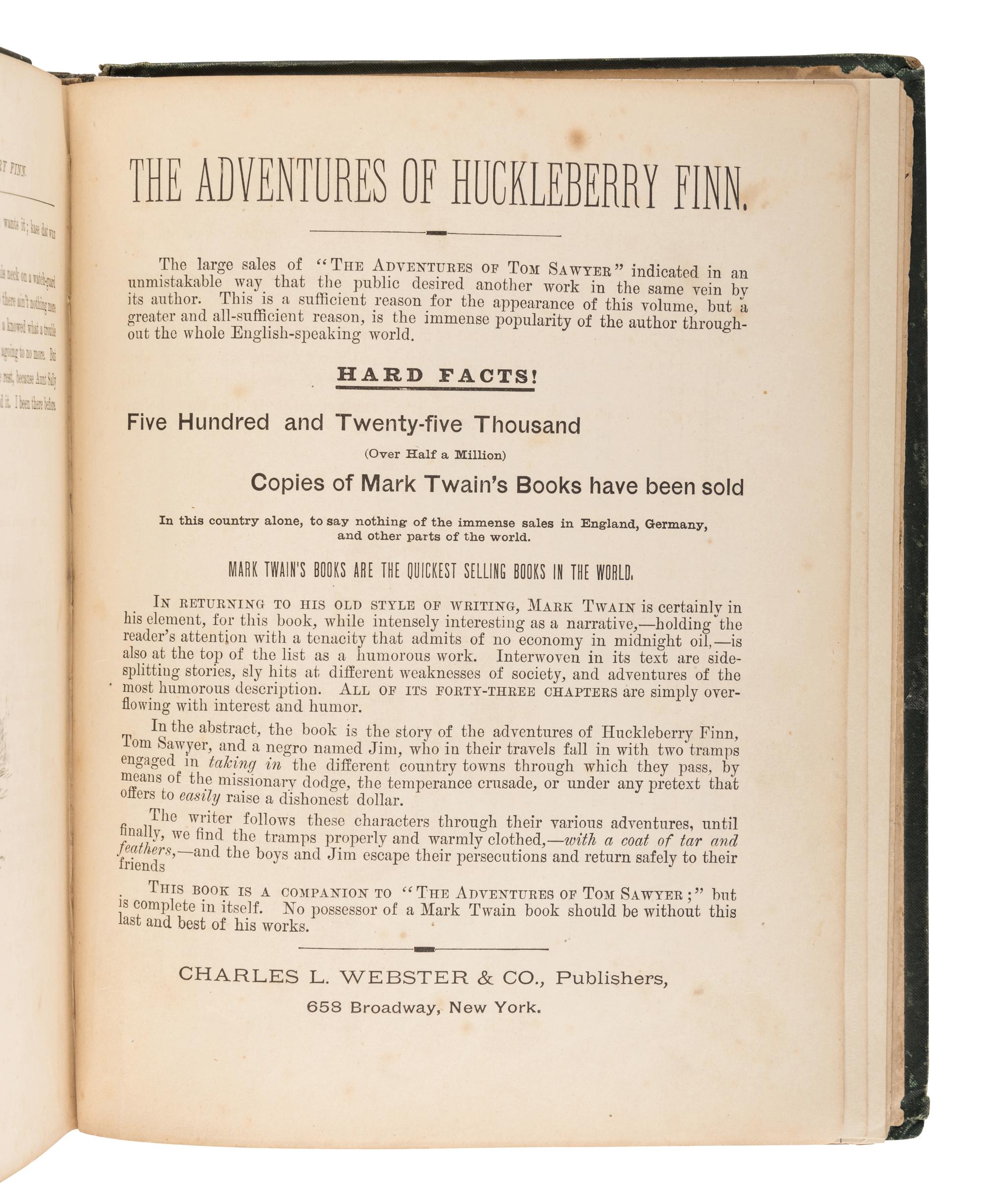 CLEMENS, Samuel Langhorne (“Mark Twain”) (1835-1910). The Adventures of Huckleberry Finn. New York: Charles Webster, 1885.