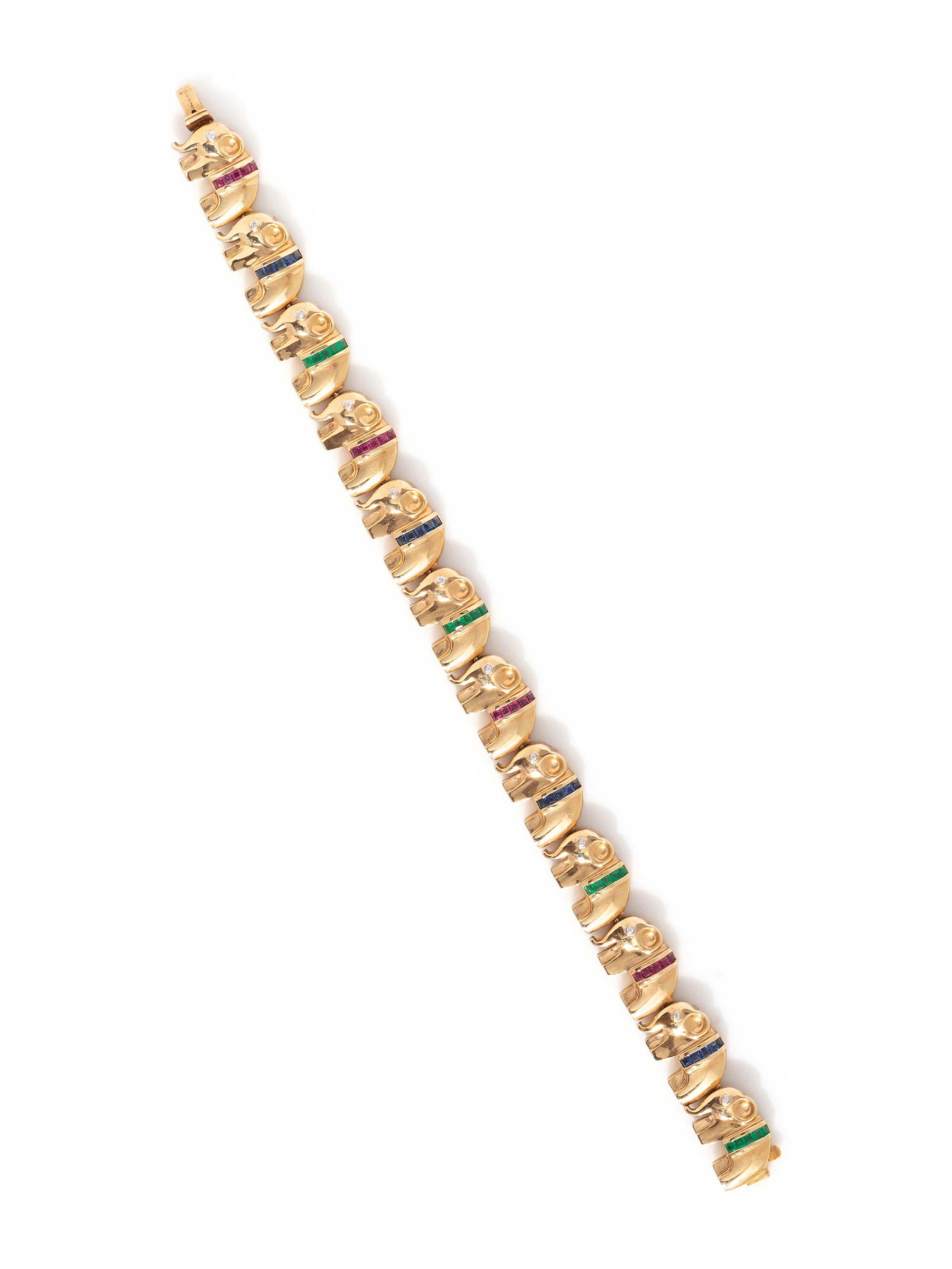 YELLOW GOLD, MULTIGEM AND DIAMOND ELEPHANT BRACELET