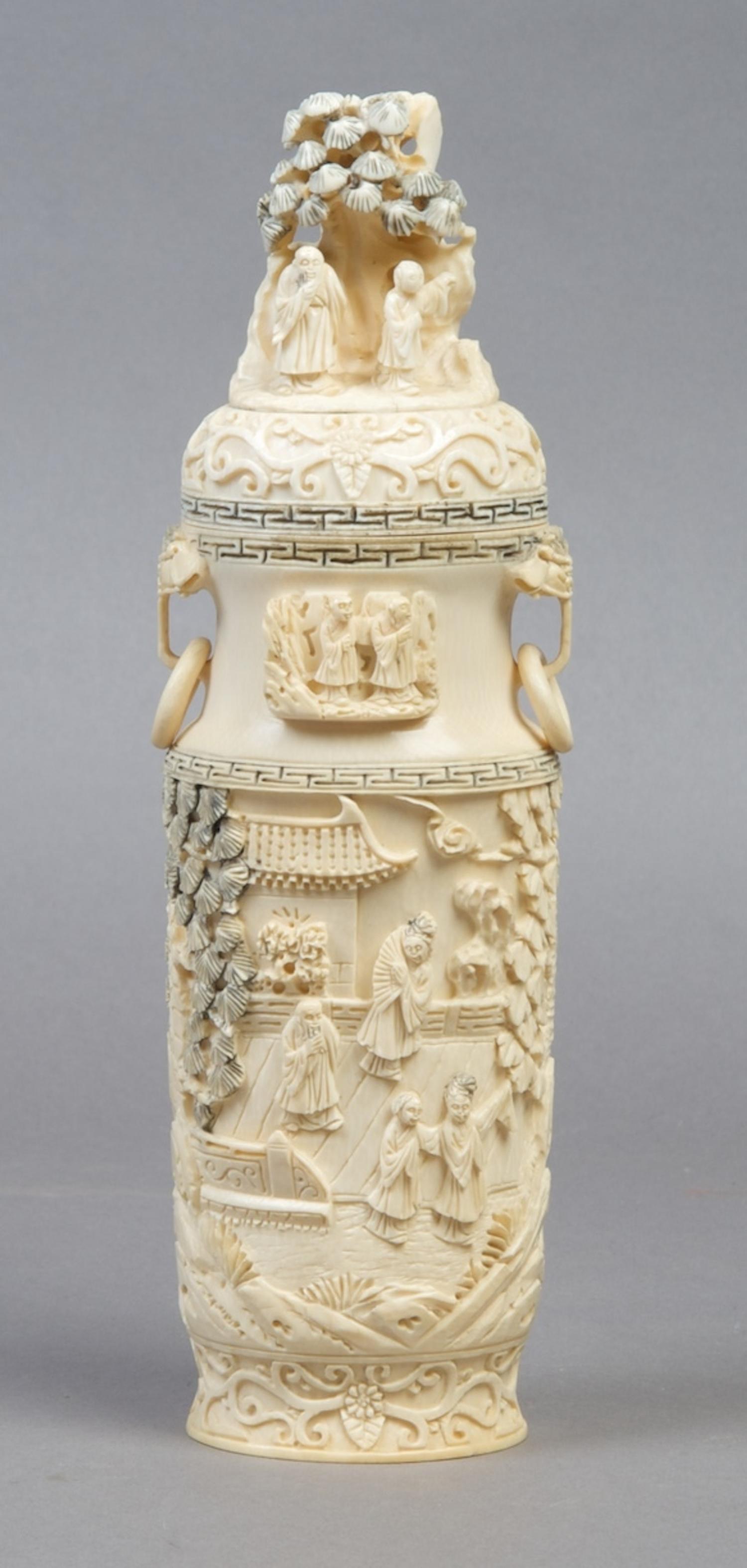 A Chinese Lidded Ivory Vase, Height 9 inches.