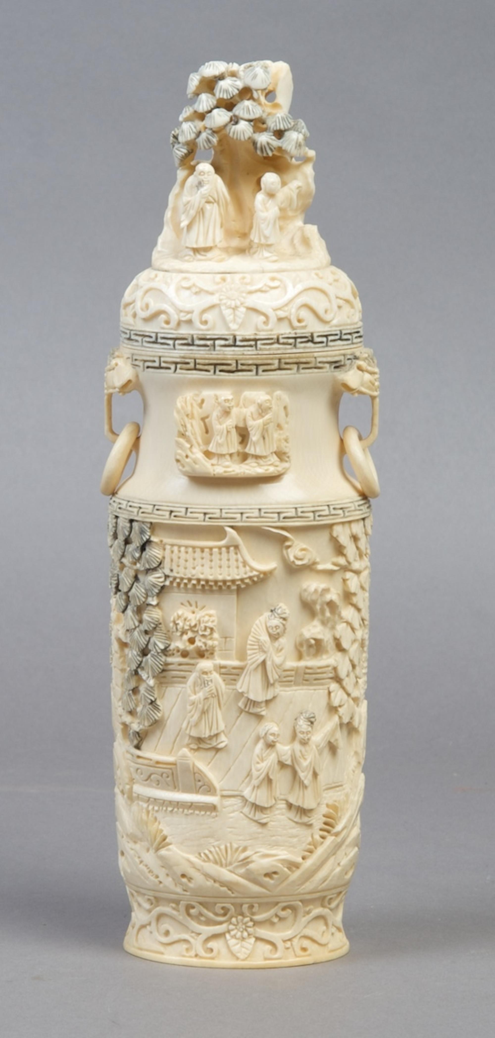 A Chinese Lidded Ivory Vase, Height 9 inches.