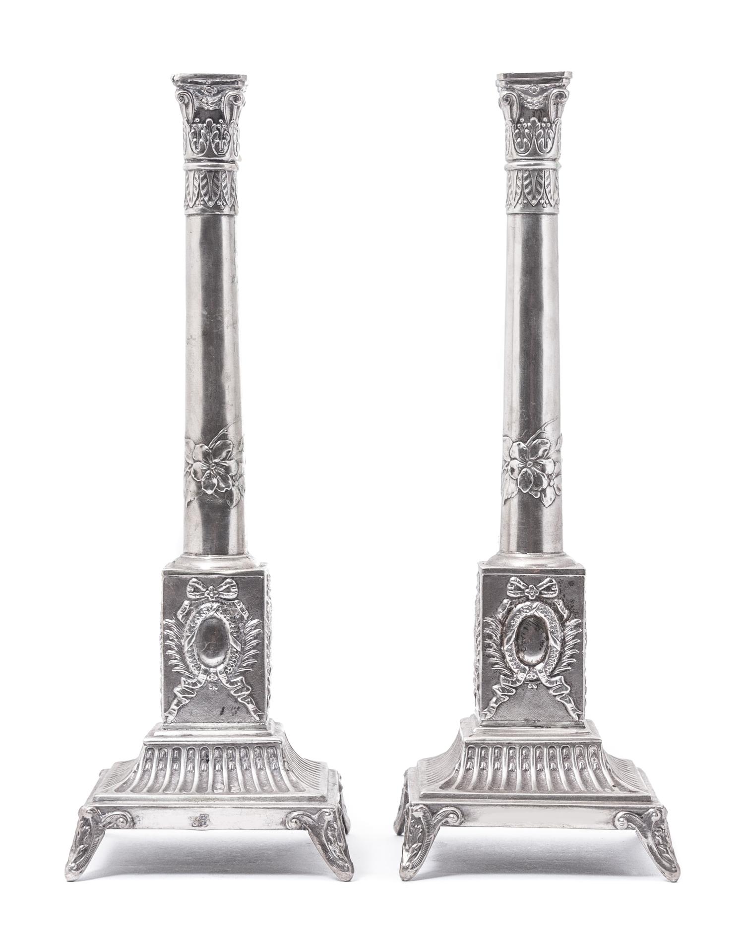 A Pair of Polish Candlesticks, Mark of W. Szakarlat, Warsaw, Second Quarter 20th Century, each having a Corinthian capital over a cylin