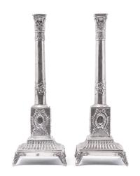 A Pair of Polish Candlesticks, Mark of W. Szakarlat, Warsaw, Second Quarter 20th Century, each having a Corinthian capital over a cylin