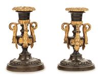A Pair of Patinated and Gilt Bronze Candlesticks