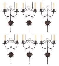 A Set of Six Wrought Metal Two-Light Sconces Height 19 3/4 inches. — STYLE OF ADDISON MIZNER