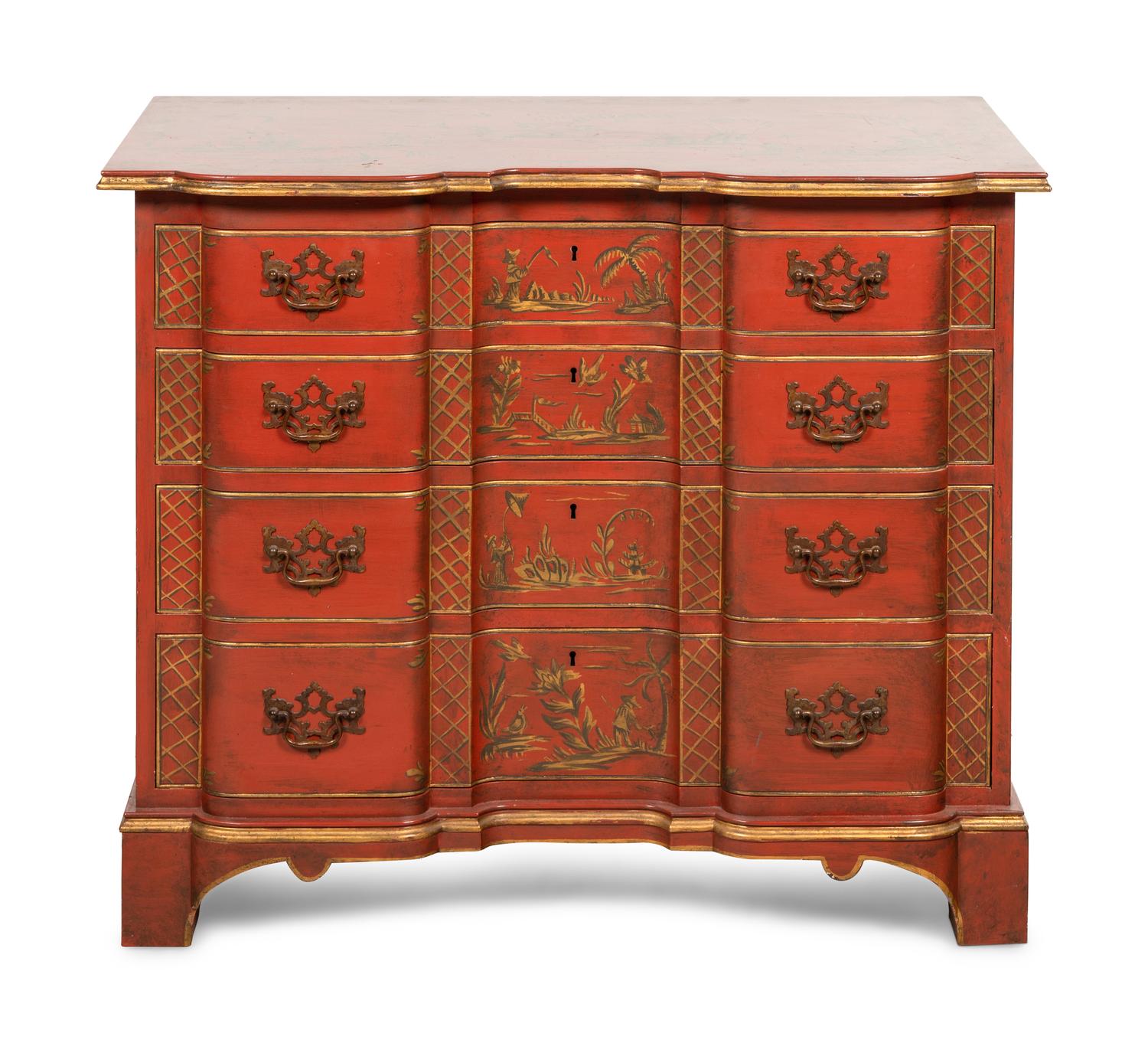 A Kittinger Old Dominion Red Japanned Chippendale Style Chest of Drawers