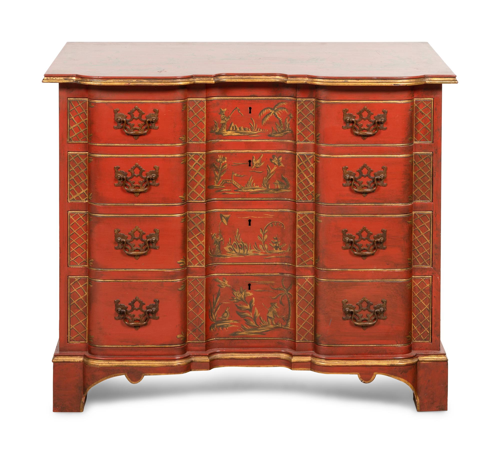 A Kittinger Old Dominion Red Japanned Chippendale Style Chest of Drawers