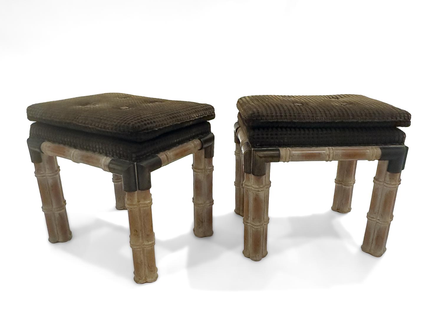 A Brass Mounted Bamboo Carved Console Table and Pair of Stools