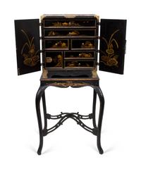 A Japanese Export Gilt Metal Mounted Black and Gilt Lacquer Cabinet on Later Stand — 19TH CENTURY