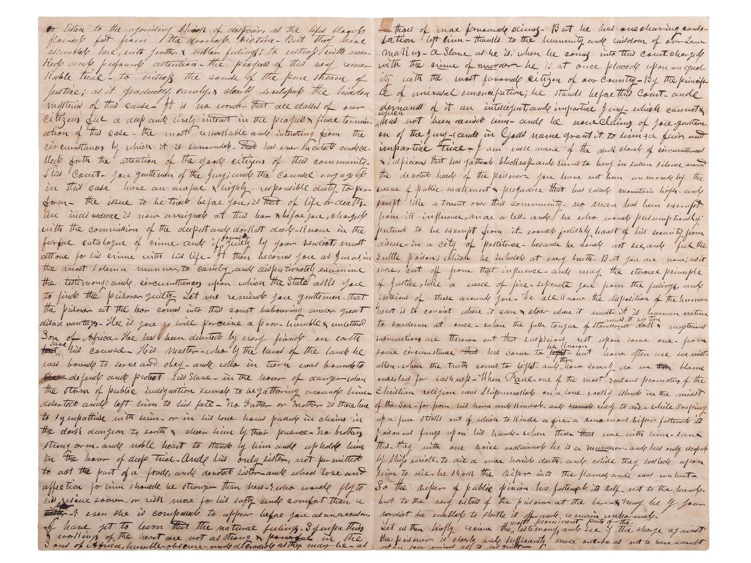 [SLAVERY & ABOLITION]. Manuscript trial speech given by M.B. King in defense of Skelt Greer, an enslaved man convicted of murder.