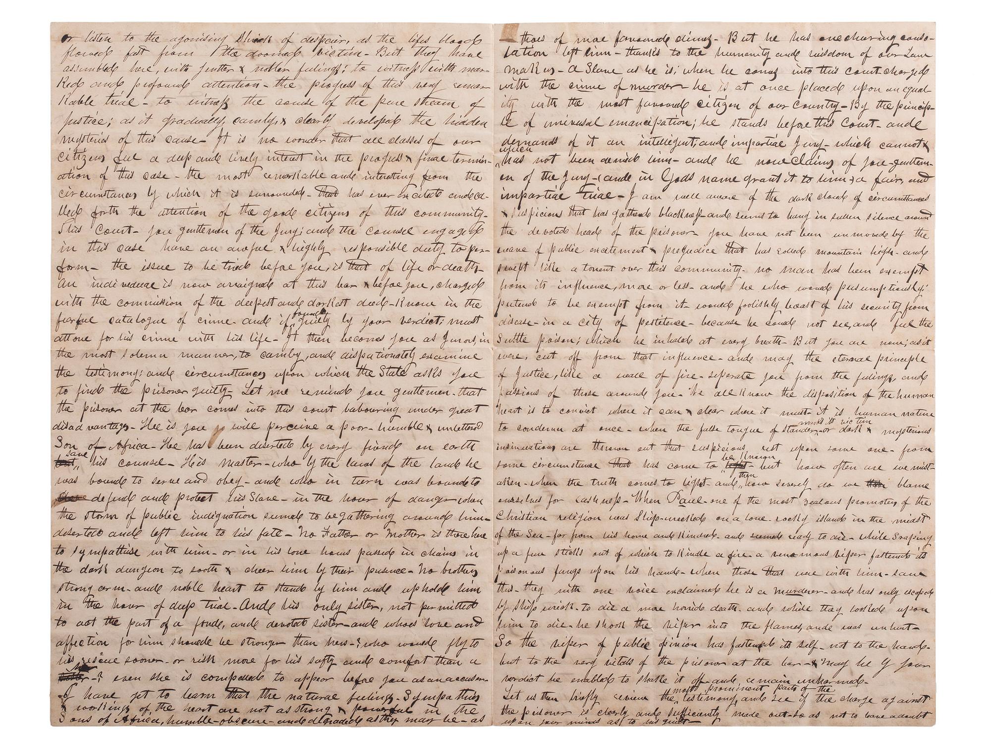 [SLAVERY & ABOLITION]. Manuscript trial speech given by M.B. King in defense of Skelt Greer, an enslaved man convicted of murder.